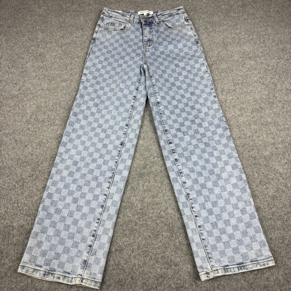 Almost Famous Jean Womens Size 1 Checkerboard Straight Leg Y2K Skater 30x32 Blue